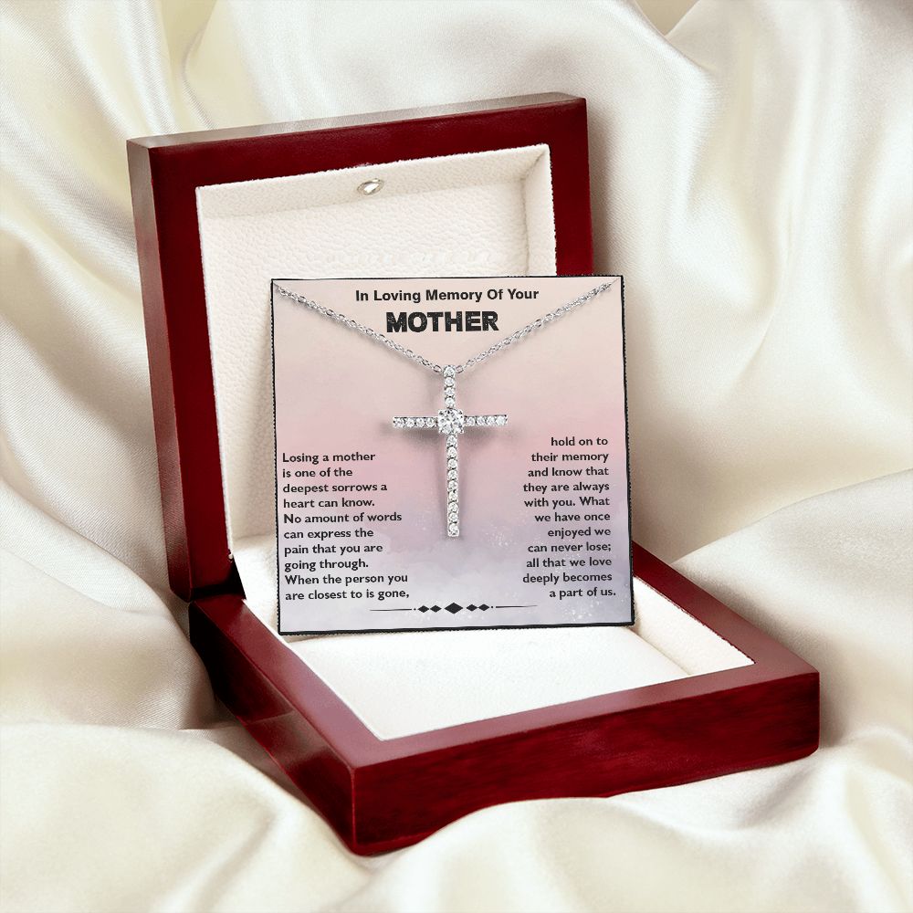 Loss of Mother Sympathy Message Cubic Zirconia Cross Pendant Necklace