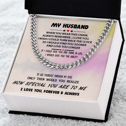 To My Husband Cuban Link Chain Necklace in Polished Stainless Steel or Yellow Gold
