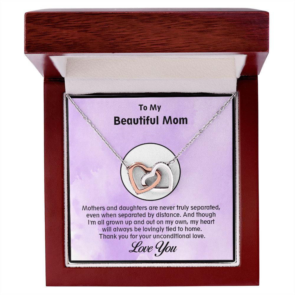 To My Beautiful Mom, From Daughter, Interlocking Hearts Necklace with Message
